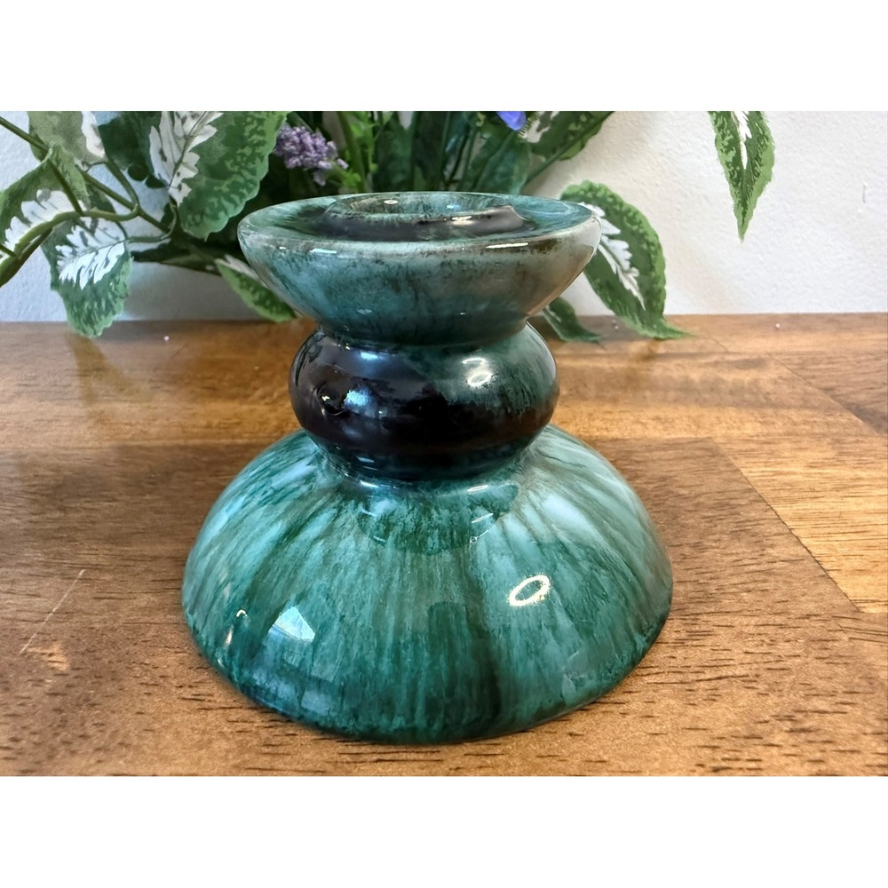 Vintage Canadian Pottery Green‎ Drip Glaze Candle Holder Studio Art Pottery MCM